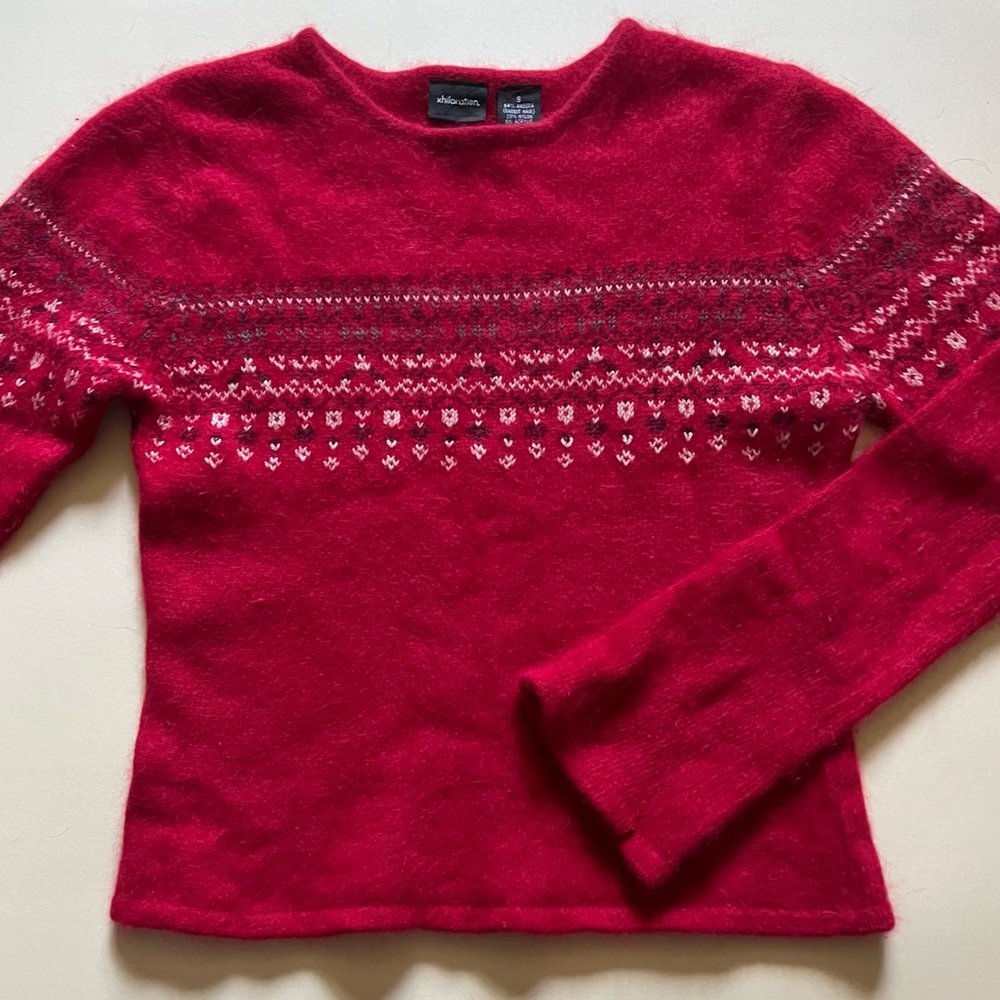 Red Mohair sweater with light bell sleeves and a slight crop
